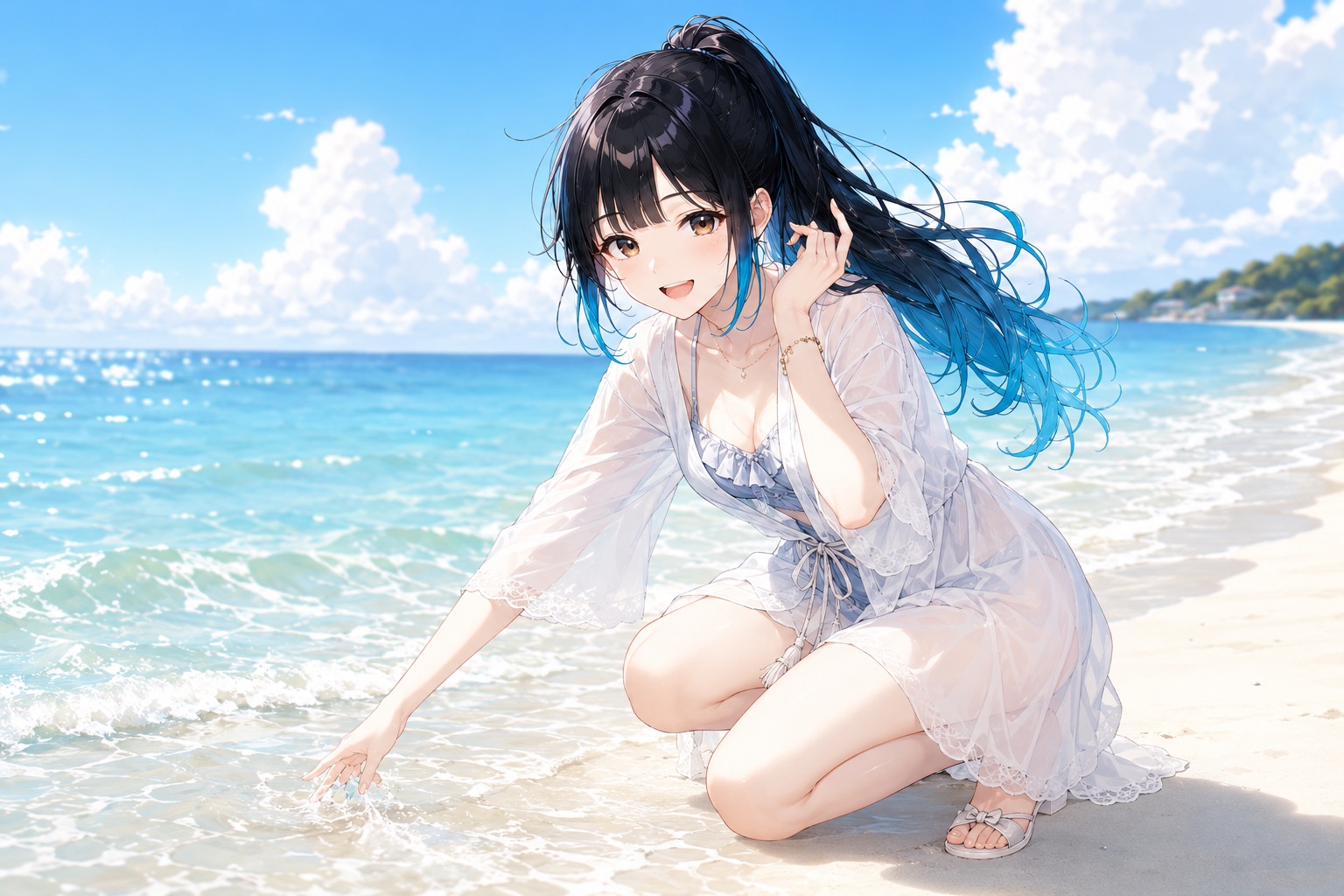 幾何学的な青い海辺に黄色い服で座る人物のイラスト